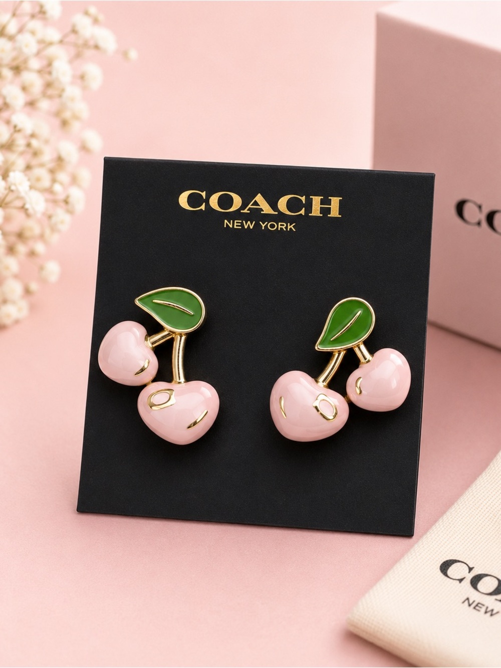COACH Pink Cherry Enamel Double-Stud Earrings with Green Leaves
